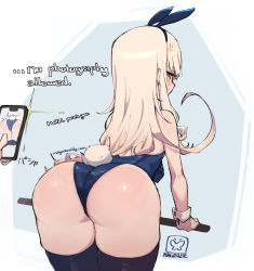Rule 34 | 1girl, animal ears, ass, back, bare shoulders, blonde hair, blue eyes, blue leotard, blush, breasts, fake animal ears, highleg, highleg leotard, highres, leotard, long hair, looking at viewer, looking back, magister, playboy bunny, rabbit ears, rabbit tail, shiratama liliana, small breasts, thighs, wrist cuffs