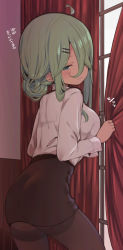 Rule 34 | 1girl, absurdres, alternate costume, black pantyhose, black skirt, blue eyes, blush, breasts, closed mouth, curtains, earrings, green hair, heart, highres, jewelry, kantai collection, large breasts, long hair, long sleeves, pantyhose, pencil skirt, shirt, skirt, smile, solo, suzuki toto, translation request, white shirt, window, yamakaze (kancolle)