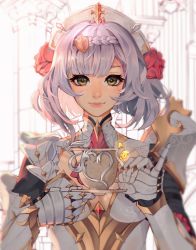 Rule 34 | 1girl, armor, breasts, brown eyes, cup, female focus, flower, genshin impact, grey hair, hair flower, hair ornament, highres, holding, holding cup, holding plate, knight, kozdoma, looking at viewer, maid headdress, medium breasts, metal gloves, noelle (genshin impact), pinky out, plate, portrait, red flower, red rose, rose, short hair, smile, solo, teacup