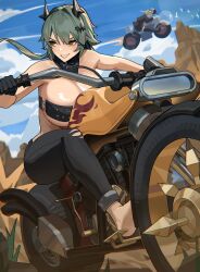 2girls absurdres bandeau bare_shoulders barefoot black_gloves black_pants blue_sky brown_eyes burnice_white caesar_king_(zenless_zone_zero) cloud commentary day fake_horns gloves grey_hair grin highres horns motor_vehicle motorcycle multiple_girls outdoors pants shikube sky smile strapless tube_top zenless_zone_zero