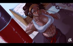 Rule 34 | 1girl, abs, bed, belt, black pants, blonde hair, breasts, brown hair, clenched hand, collarbone, dark-skinned female, dark skin, dutch angle, from above, hand wraps, headband, highres, large breasts, letterboxed, mentari (phoebus art), midriff, mole, mole on breast, muscular, muscular female, orange headband, original, paid reward available, pants, phoebus art, punching bag, red belt, red eyes, paid reward available, signature, solo, sports bra, sweat, sweaty clothes, tile floor, tiles, white sports bra