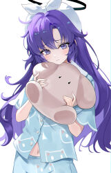 1girl absurdres blue_archive blue_pajamas closed_mouth hairband halo highres long_hair looking_at_viewer navel official_alternate_costume official_alternate_hairstyle pajamas purple_eyes purple_hair shirt short_sleeves shorts simple_background solo stuffed_toy thaba white_background white_hairband yuuka_(blue_archive) yuuka_(pajamas)_(blue_archive)