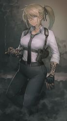 Rule 34 | 1girl, arm tattoo, belt, black belt, black gloves, black necktie, black pants, blonde hair, blue eyes, breasts, cigarette, closed mouth, collared shirt, commission, dated commentary, feet out of frame, fingerless gloves, gloves, gun, handgun, hetza (hellshock), highres, holding, holding cigarette, holster, holstered, leaning on object, long hair, long sleeves, looking at viewer, loose necktie, medium breasts, neck tattoo, necktie, original, pants, ponytail, shirt, sidelocks, smile, smoke, smoking, solo, suzumi (hetza), tattoo, weapon, white shirt