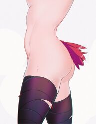 Rule 34 | 1girl, bandaged leg, bandages, bird tail, breasts, commentary, english commentary, from side, head out of frame, league of legends, medium breasts, simple background, solo, tail, tauri (iotauri), thighhighs, topless, white background, xayah
