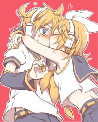 Rule 34 | 1boy, 1girl, 59 (seventhstar), arm warmers, arms around neck, bare shoulders, blonde hair, blue eyes, blush, bow, brother and sister, commentary, crop top, grey shorts, grey sleeves, hair bow, hair ornament, hairclip, headphones, heart, highres, incest, kagamine len, kagamine rin, kiss, kiss day, midriff, nail polish, neckerchief, necktie, sailor collar, school uniform, shirt, short hair, short ponytail, short sleeves, shorts, shoulder tattoo, siblings, spiked hair, surprised, swept bangs, tattoo, twins, upper body, vocaloid, white bow, white shirt, wide-eyed, yellow nails, yellow neckerchief