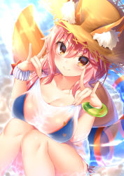 Rule 34 | &gt;:), 10s, 1girl, animal ears, bad id, bad pixiv id, bikini, blouse, blue bikini, blush, breasts, brown eyes, cleavage, day, ears through headwear, fate/extra, fate/grand order, fate (series), fox ears, fox shadow puppet, fox tail, hat, highres, innertube, large breasts, long hair, looking at viewer, navy (navy.blue), outdoors, pink hair, see-through, shirt, sitting, smile, solo, swim ring, swimsuit, tail, tamamo (fate), tamamo no mae (fate/extra), tamamo no mae (swimsuit lancer) (fate), tamamo no mae (swimsuit lancer) (second ascension) (fate), v-shaped eyebrows, water, wet, wet clothes, wet shirt, white shirt