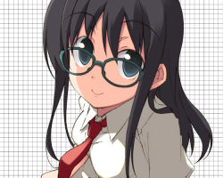 Rule 34 | 1girl, black hair, glasses, grid, long hair, necktie, simple background, smile, solo