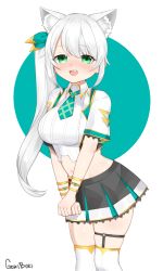 Rule 34 | 1girl, absurdres, animal ear fluff, animal ears, blouse, bow, cat ears, collared shirt, goki buri, green bow, green eyes, green necktie, hair between eyes, highres, hizuki miu, legs together, long hair, multicolored clothes, multicolored skirt, necktie, o-ring, o-ring thigh strap, shirt, side ponytail, silver hair, simple background, skirt, smile, solo, thigh strap, thighhighs, vest, virtual youtuber, wactor production, white background, white shirt, white thighhighs