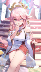Rule 34 | 1girl, :q, blush, breasts, closed mouth, commentary request, crossed legs, detached sleeves, genshin impact, hair between eyes, highres, holding, long hair, long sleeves, looking at viewer, medium breasts, pink hair, purple eyes, shaka (staito0515), shirt, sideboob, sitting, sitting on stairs, sleeveless, sleeveless shirt, smile, solo, stairs, tongue, tongue out, very long hair, white shirt, white sleeves, wide sleeves, yae miko