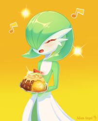 Rule 34 | absurdres, adam angel, artist name, bob cut, closed eyes, colored skin, creatures (company), curry, dress, food, game freak, gardevoir, gen 3 pokemon, gradient background, green hair, hair over one eye, highres, holding, holding food, multicolored skin, musical note, nintendo, open mouth, pokemon, pokemon (creature), simple background, smile, sparkle, two-tone skin, white dress, white skin