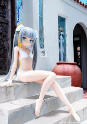 Rule 34 | 10s, 1girl, artist request, bikini, blue eyes, female focus, jpeg artifacts, long hair, looking at viewer, miss monochrome, miss monochrome (character), official art, outdoors, silver hair, sitting, solo, stairs, straight hair, swimsuit, twintails, very long hair, white bikini