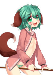 Rule 34 | 1girl, :d, animal ears, between legs, blush, broom, cowboy shot, fang, flat chest, floppy ears, green eyes, green hair, green panties, highres, kasodani kyouko, long sleeves, matching hair/eyes, no pants, open clothes, open mouth, open shirt, panties, shirt, simple background, smile, solo, tail, thighs, touhou, underwear, white background, wolflong