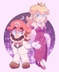Rule 34 | 1boy, 1girl, blonde hair, blue eyes, breasts, brown hair, building, cleavage, crown, earrings, facial hair, formal, full body, gloves, grin, hand on own hip, hat, high heels, jewelry, legs, lipstick, long hair, long sleeves, looking at another, makeup, mario, mario (series), moon, mustache, necklace, night, night sky, nintendo, princess peach, red skirt, skirt, sky, smile, standing, suit, super mario all stars, temmiesky, top hat