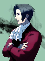 Rule 34 | 1boy, ace attorney, ascot, chiaki7, cowboy shot, crossed arms, curtained hair, expressionless, formal, green background, grey eyes, grey hair, male focus, miles edgeworth, parted bangs, profile, solo, suit