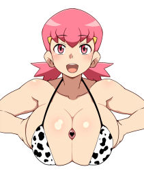 Rule 34 | 1girl, :d, bare arms, bare shoulders, bikini, breasts, breasts squeezed together, censored, cleavage, collarbone, creatures (company), game freak, gym leader, halterneck, heart, heart censor, highres, huge breasts, looking at viewer, mantan, medium hair, nintendo, open mouth, paizuri, penis, pink eyes, pink hair, pokemon, pokemon hgss, simple background, smile, solo, swimsuit, twintails, upper body, white background, whitney (pokemon)