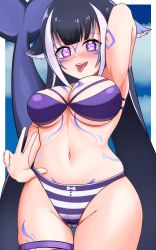Rule 34 | 1girl, absurdres, animal ears, arm behind head, arm tattoo, bikini, black hair, blue bikini, blush, breasts, cetacean tail, chest tattoo, cleavage, commentary, english commentary, facial tattoo, fangs, fins, fish tail, halterneck, heart, heart-shaped pupils, highres, indie virtual youtuber, large breasts, leg tattoo, long hair, looking at viewer, multicolored hair, navel, open mouth, orca girl, remyi 3, shylily, shylily (bikini), streaked hair, swimsuit, symbol-shaped pupils, tail, tattoo, thigh strap, tongue, tongue out, virtual youtuber, white hair