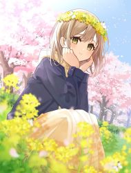 Rule 34 | 1girl, blue sky, blurry, blush, cherry blossoms, closed mouth, depth of field, flower, green eyes, hair flower, hair ornament, hands on own cheeks, hands on own face, highres, hood, hoodie, light brown hair, long sleeves, looking at viewer, mizuki (lvo0x0ovl), original, outdoors, short hair, sitting, sky, smile, solo, white flower, yellow flower