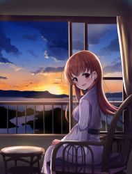 Rule 34 | 1girl, absurdres, bird, blush, breasts, brown eyes, brown hair, chair, cloud, coffee table, curtains, from behind, head tilt, highres, indoors, kantai collection, long hair, long sleeves, mountainous horizon, ooi (kancolle), open mouth, sash, sitting, sky, solo, soramuko, sunset, table, water, wide sleeves, window