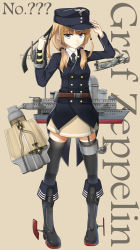 Rule 34 | 10s, 1girl, adjusting clothes, adjusting headwear, aircraft, airplane, black thighhighs, blonde hair, blunt bangs, graf zeppelin (ship), hat, kantai collection, long sleeves, looking at viewer, original, pleated skirt, purple eyes, skirt, solo, thighhighs, twintails, yakob labo, zettai ryouiki