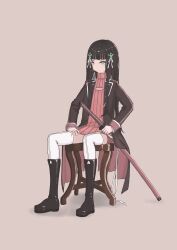 Rule 34 | absurdres, black coat, black hair, blunt bangs, boots, cleavage cutout, closed mouth, clothing cutout, coat, commentary, hair ornament, hand on own thigh, highres, holding, holding weapon, izumi-no-kami kanesada (tenka hyakken), katana, knee boots, long hair, long sleeves, on chair, red sweater, sheath, sheathed, simple background, sitting, sweater, sword, tenka hyakken, thighhighs, tiger2henschel, weapon, white thighhighs, wooden chair, yellow eyes