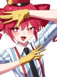 Rule 34 | + +, 1girl, alternate costume, black necktie, blush, drill hair, gloves, hat, hat ornament, hu2924, kasane teto, kasane teto (sv), mesmerizer (vocaloid), name tag, necktie, open hands, open mouth, red hair, red hat, red suspenders, shirt, smiley face, solo, striped clothes, striped shirt, synthesizer v, twin drills, utau, vertical-striped clothes, vertical-striped shirt, yellow gloves