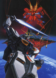 Rule 34 | asteroid, axis (gundam), beam saber, bit (gundam), char&#039;s counterattack, cloud, concept art, earth (planet), earth federation space forces, firing, gundam, highres, in orbit, machinery, mecha, mobile suit, neo zeon, no humans, nu gundam, official art, painting (medium), planet, poster (medium), promotional art, robot, roundel, sazabi, scan, shield, space, space station, star (symbol), starry background, thrusters, traditional media, vernier thrusters