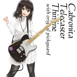 Rule 34 | 1girl, :d, bad id, bad pixiv id, black hair, black pantyhose, brown eyes, cable, cowboy shot, electric guitar, english text, fender telecaster, gem, guitar, head tilt, holding, instrument, jewelry, long hair, long sleeves, looking at viewer, medium skirt, miyako (miyako lplover), nail polish, necklace, open mouth, original, pantyhose, pendant, pink nails, pleated skirt, plectrum, simple background, skirt, smile, solo, standing, sweater, white background, white sweater