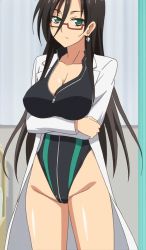 Rule 34 | 1girl, black hair, breast hold, breasts, competition swimsuit, covered erect nipples, front zipper swimsuit, glasses, green eyes, hasegawa chisato, lab coat, meme attire, nipples, one-piece swimsuit, screencap, shinmai maou no testament, swimsuit, swimsuit under clothes, tagme