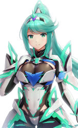 Rule 34 | 1girl, aqua hair, arm guards, armor, armored leotard, black leotard, breasts, cleavage, closed mouth, clothes writing, cowboy shot, elbow gloves, faulds, gem, gloves, gluteal fold, gonzarez, green eyes, hairband, hand on own chest, high ponytail, highres, large breasts, leotard, long hair, looking at viewer, nintendo, pneuma (xenoblade), shoulder armor, sidelocks, solo, spoilers, striped, swept bangs, two-tone hairband, vertical stripes, very long hair, white gloves, xenoblade chronicles (series), xenoblade chronicles 2