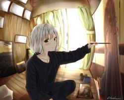 Rule 34 | 10s, 1girl, :q, absurdres, aged down, ahoge, alternate hair length, alternate hairstyle, anastasia (fate), artist self-reference, backlighting, bad id, bad pixiv id, black pants, black sweater, blush, bob cut, commentary request, curtains, fate/grand order, fate (series), fisheye, gem, highres, holding, indoors, jeanne d&#039;arc (fate), jeanne d&#039;arc alter (avenger) (fate), jeanne d&#039;arc alter (fate), jewelry, long sleeves, looking at viewer, necklace, on floor, original, outstretched arm, paintbrush, painting (action), painting (object), pants, perspective, room, roomscape, ryuuou no oshigoto!, sashima, short hair, sitting, smile, solo, sunlight, sweater, tongue, tongue out, twitter username, v-shaped eyebrows, white hair, window, wooden floor, yashajin ai, yellow eyes
