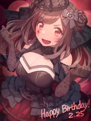 Rule 34 | 1girl, bow, breasts, brown hair, chain, cleavage, dated, dress, facial mark, flower, gloves, hair bow, hair flower, hair ornament, happy birthday, highres, idolmaster, idolmaster shiny colors, lace, lace gloves, large breasts, long hair, looking at viewer, open mouth, see-through, smile, solo, tsukioka kogane, ubo (ubo tales)