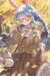 Rule 34 | 1girl, absurdres, alternate costume, animal ears, artist name, autumn, autumn leaves, beige cardigan, black bag, blue hair, bow, bowtie, braid, brown skirt, buttons, cardigan, cowboy shot, falling leaves, glasses, grin, hair bow, hair ornament, hairclip, hand up, highres, holding, holding leaf, hololive, leaf, long hair, long skirt, long sleeves, looking at viewer, miyamo (fumifumi no ura), multicolored hair, one eye closed, orange eyes, outdoors, rabbit ears, rabbit girl, shirt, skirt, skirt hold, smile, solo, standing, swept bangs, twin braids, two-tone hair, usada pekora, virtual youtuber, white bow, white bowtie, white shirt