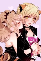 Rule 34 | 2girls, bad id, bad pixiv id, bare shoulders, big hair, black choker, black jacket, blonde hair, blush, breasts, brown hair, citti (show by rock!!), choker, cleavage, closed eyes, fang, from side, heart, hug, hug from behind, jacket, jewelry, laina (show by rock!!), mamaloni, multiple girls, necklace, open clothes, open jacket, open mouth, pink background, show by rock!!, tears, yellow eyes, yuri