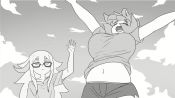 Rule 34 | 2girls, ahoge, animated, breasts, cloud, expressionless, flat chest, glasses, greyscale, height difference, high five, insomnia-chan, jumping, kay yu, large breasts, long hair, medium hair, messy hair, midriff peek, mole, mole under eye, monochrome, multiple girls, navel, original, outdoors, paguroidea, shirt, short shorts, short sleeves, shorts, sidelocks, smile, video
