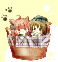 Rule 34 | 2girls, :&lt;, :3, ahoge, animal ears, basket, bell, black bow, blush stickers, bow, braid, brown eyes, brown hair, cat ears, cat feet, cat girl, chen, chibi, female focus, hair bow, hat, kaenbyou rin, looking at viewer, mob cap, multiple girls, nelly (sunhigh70), outline, paw pose, paw print, red eyes, red hair, short hair, touhou, twin braids, yellow background