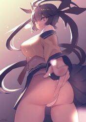 Rule 34 | 1girl, :d, ass, black ribbon, breasts, brown hair, commentary request, from behind, girls&#039; frontline, hair ribbon, highres, large breasts, long hair, looking at viewer, looking back, m14 (girls&#039; frontline), medium breasts, off shoulder, open mouth, orange eyes, outstretched arm, panties, pantyshot, pleated skirt, pointing, pointing at viewer, revision, ribbon, saturndxy, school uniform, skirt, smile, solo, teeth, thighs, twintails, underwear, upper teeth only, very long hair, white panties