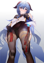 Rule 34 | 1girl, ahoge, black gloves, black pantyhose, blue hair, blush, bodysuit, cape lift, commentary request, detached sleeves, drive shot, ganyu (genshin impact), genshin impact, gloves, goat horns, highres, horns, long hair, looking at viewer, looking down, pantyhose, purple eyes, qilin (mythology), simple background, solo, thighs, waist cape