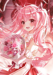 Rule 34 | 1girl, absurdres, balloon, bare shoulders, blush, bouquet, commentary, detached sleeves, eumi 114, flower, hair flower, hair ornament, heart balloon, highres, holding, holding bouquet, indie virtual youtuber, indoors, looking at viewer, nagomi sakura, open mouth, pink eyes, pink flower, pink hair, pink rose, pink theme, red skirt, rose, sidelocks, skirt, smile, solo, symbol-only commentary, twintails, upper body, virtual youtuber, wall, white sleeves
