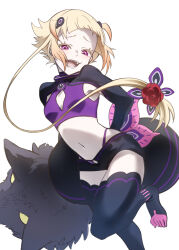 1girl absurdres arms_behind_back bikini black_shorts black_shrug black_thighhighs blonde_hair breasts capella_emerada_lugnica commentary_request flower foot_out_of_frame hair_flower hair_ornament highres looking_at_viewer navel open_mouth pink_eyes poppu purple_bikini re:zero_kara_hajimeru_isekai_seikatsu red_flower short_hair shorts shrug_(clothing) simple_background smile solo stomach swimsuit thighhighs white_background