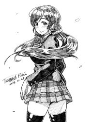 Rule 34 | 1girl, ahoge, blush, closed mouth, dated, dot nose, floating hair, from behind, greyscale, hair ornament, hair scrunchie, jacket, looking at viewer, looking back, love live!, low twintails, miniskirt, monochrome, pleated skirt, scrunchie, signature, simple background, skirt, smile, solo, standing, tachibana roku, thighhighs, tojo nozomi, twintails, white background