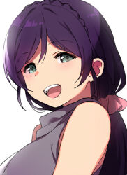 Rule 34 | 1girl, :d, braid, duke (inu daimyou), green eyes, grey sweater, long hair, looking at viewer, love live!, love live! school idol project, low twintails, open mouth, purple hair, simple background, sleeveless, sleeveless sweater, smile, solo, sweater, teeth, tojo nozomi, twintails, upper body, upper teeth only, white background