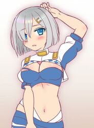 Rule 34 | bandeau, blue bandeau, blue eyes, blue skirt, blue tube top, breasts, checkered clothes, cosplay, cowboy shot, crop top, cropped jacket, gotland (kancolle), gotland (kancolle) (cosplay), grey hair, hair ornament, hair over one eye, hairclip, hamakaze (kancolle), highleg, highleg panties, izumi shara, jacket, kantai collection, large breasts, midriff, miniskirt, navel, panties, race queen, short hair, shrug (clothing), skirt, strapless, tube top, underwear, white hair, white jacket, white panties