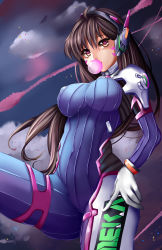Rule 34 | 1girl, absurdres, acronym, armor, bodysuit, boots, bracer, breasts, brown eyes, brown hair, blowing bubbles, chewing gum, cloud, cloudy sky, contrail, covered erect nipples, covered navel, cowboy shot, d.va (overwatch), eyebrows, facepaint, facial mark, gloves, hand on leg, headphones, heart, heart-shaped pupils, highres, katrina lynn, large breasts, long hair, long sleeves, night, night sky, overwatch, overwatch 1, pauldrons, pilot suit, ribbed bodysuit, shoulder armor, shoulder pads, skin tight, sky, solo, symbol-shaped pupils, thigh boots, thigh strap, thighhighs, turtleneck, whisker markings, white footwear, white gloves