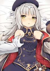 Rule 34 | 1boy, 1girl, azur lane, bare shoulders, bed sheet, blush, grabbing another&#039;s breast, breasts, cross, detached sleeves, from above, gloves, grabbing, grey hair, guided breast grab, guiding hand, hair ornament, hat, heart, hetero, iron cross, jacket, long hair, looking at viewer, lying, military, military uniform, mole, mole under eye, mole under mouth, nose blush, on back, out of frame, pov, pov hands, sidelocks, small breasts, solo focus, speech bubble, textless version, tonari (ichinichime azuma), uniform, upper body, white background, yellow eyes, z46 (azur lane)
