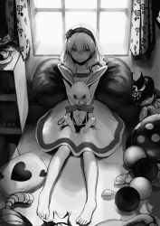 Rule 34 | 1girl, alice (alice in wonderland), alice in wonderland, animal, barefoot, cabinet, caterpillar (alice in wonderland), cheshire cat (alice in wonderland), closed mouth, crown, dress, flower, greyscale, hair flower, hair ornament, hairband, highres, indoors, looking at viewer, medium hair, monochrome, pillow, plant, potted plant, queen of hearts (alice in wonderland), romiy, short hair, sitting, smile, stuffed animal, stuffed rabbit, stuffed toy, white rabbit (alice in wonderland), window