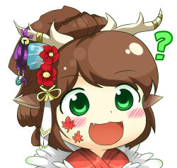 Rule 34 | 1girl, :3, ?, animal ears, antlers, bad id, bad pixiv id, bell, blush, brown hair, deer ears, facial mark, flower, green eyes, gyate gyate, hair flower, hair ornament, horns, jewelry, jingle bell, kanchigai, kano (p&amp;d), leaf, long hair, maple leaf, open mouth, ponytail, portrait, puzzle &amp; dragons, red flower, ribbon, simple background, smile, solo, white background