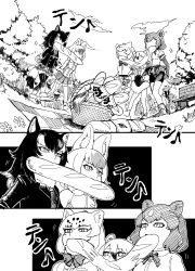 Rule 34 | 5girls, absurdres, animal ears, arms at sides, bare shoulders, basket, bear ears, bike shorts, blouse, bow, bowtie, bread, brown bear (kemono friends), comic, commentary request, dhole (kemono friends), dog ears, dog tail, food, food in mouth, gloves, grey wolf (kemono friends), greyscale, height difference, highres, holding hands, jacket, jaguar (kemono friends), jaguar ears, japari symbol, kemono friends, kemono friends 3, long hair, long sleeves, looking at another, medium hair, microskirt, monochrome, mouth hold, multiple girls, musical note, neck ribbon, necktie, ribbon, shirt, shorts, shorts under skirt, skirt, sleeveless, sleeveless shirt, sound effects, southern tamandua (kemono friends), tail, tamandua ears, thighhighs, walking, wolf ears, wolf tail, zettai ryouiki, zrz zzz