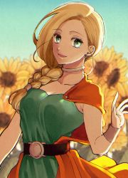 Rule 34 | 1girl, belt, bianca (dq5), blonde hair, blue eyes, blurry, blurry background, bracelet, braid, cape, choker, dragon quest, dragon quest v, earrings, flower, hair over shoulder, highres, jewelry, long hair, looking at viewer, open mouth, orange cape, outsuba itaru, side braid, solo, sunflower