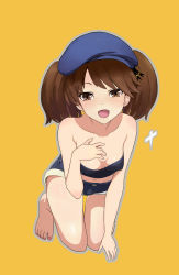 Rule 34 | 10s, 1girl, absurdres, all fours, alternate costume, alternate headwear, bare shoulders, barefoot, breasts, brown eyes, brown hair, casual, fang, feet, full body, hand on own chest, hat, highres, kantai collection, looking at viewer, nail polish, open mouth, pink nails, ryuujou (kancolle), shikigami, short shorts, shorts, simple background, small breasts, smile, solo, toes, twintails, yellow background, zhi chou