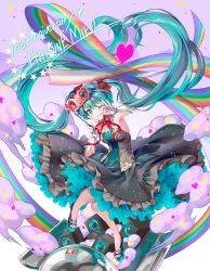 Rule 34 | 1girl, anniversary, aqua eyes, aqua hair, character name, dress, floating clothes, full body, geroro, gloves, grin, hatsune miku, high heels, long hair, one eye closed, purple background, rainbow, sandals, smile, solo, speaker, strapless, strapless dress, twintails, very long hair, vocaloid, white gloves